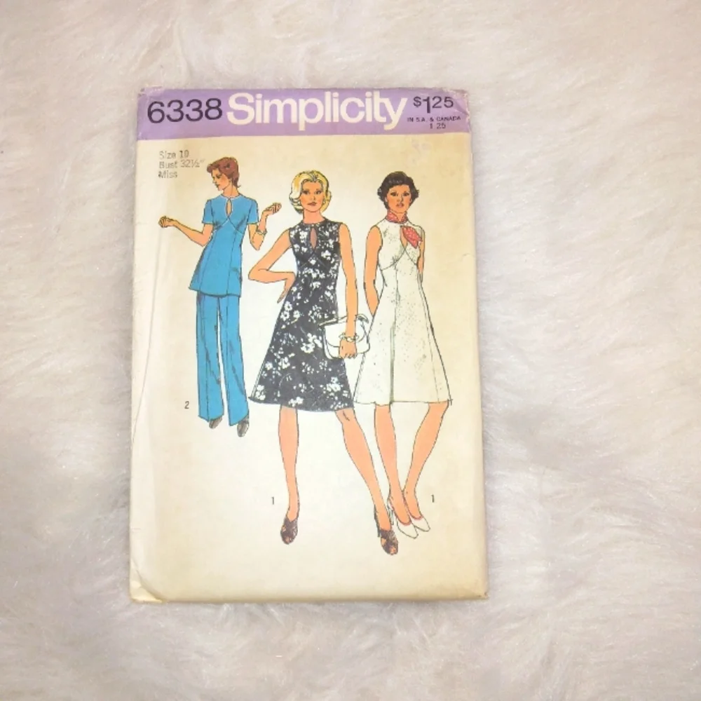 Simplicity 6338 Misses dress or top, and pants, size 10, Bust 32.5